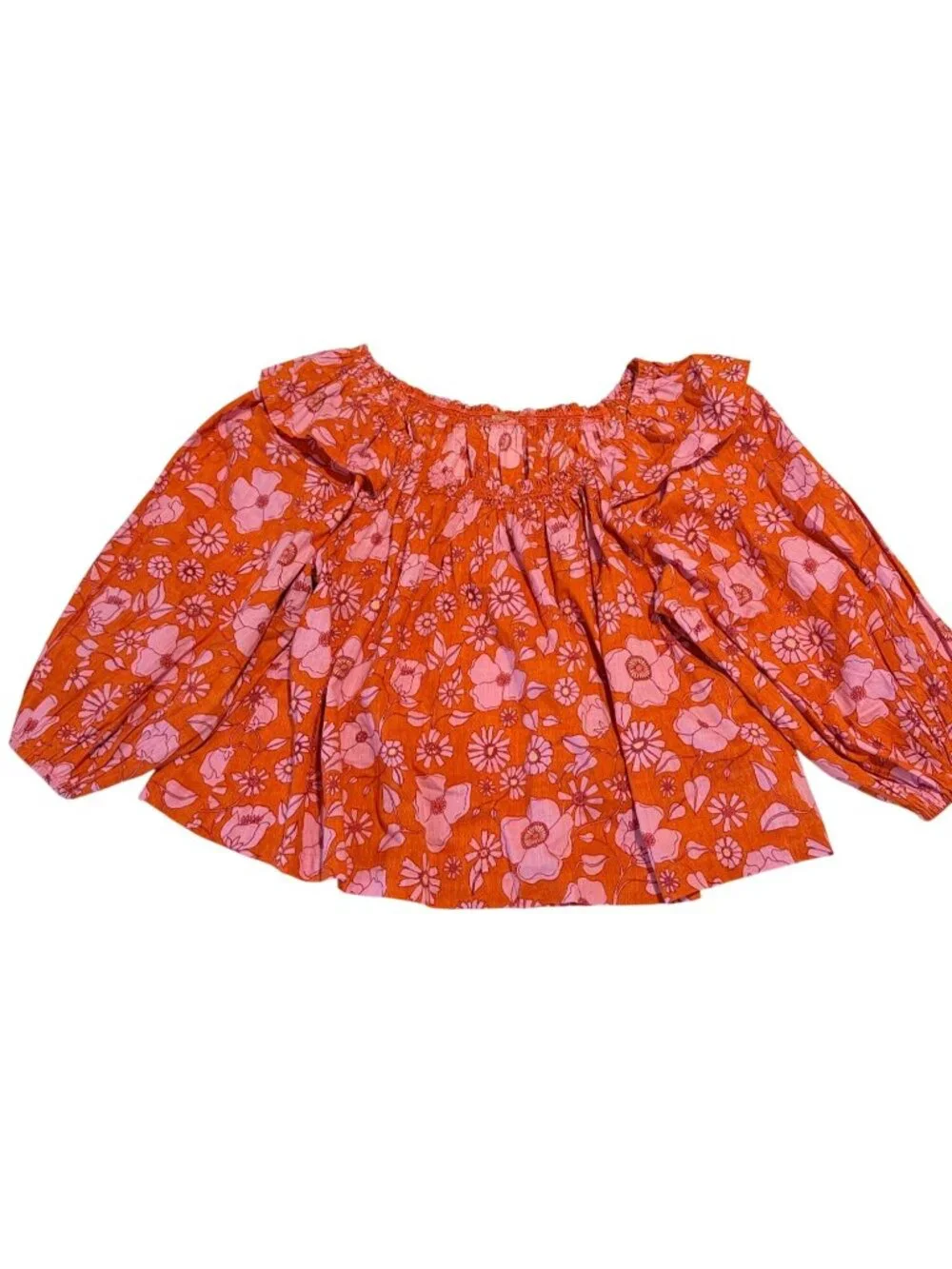 Free People Orange and Pink Floral Ruffle Off the Shoulder Flowy Cotton Top Size